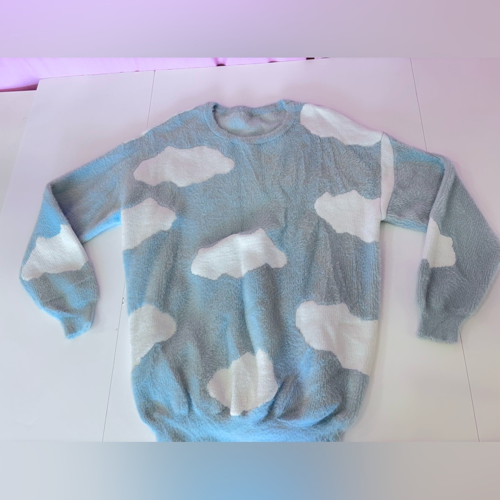 Light Blue White Fuzzy Cloud Pullover Sweater Sma… - image 4